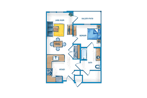 Floor plan for 1 bed, 1 bath, 685 sqft